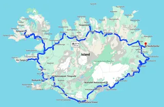 Island Tour 10 days: Screenshot of the Google Maps Route on Iceland with the camper